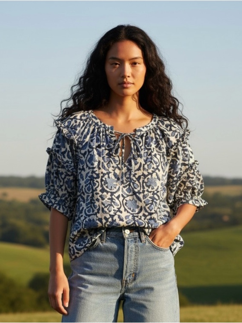 Blue and White Printed Tie-Neck Peasant Blouse